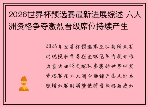 2026世界杯预选赛最新进展综述 六大洲资格争夺激烈晋级席位持续产生