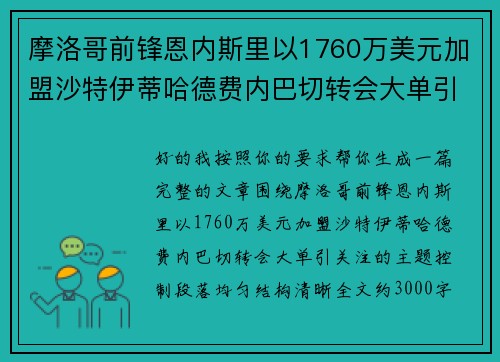 摩洛哥前锋恩内斯里以1760万美元加盟沙特伊蒂哈德费内巴切转会大单引关注