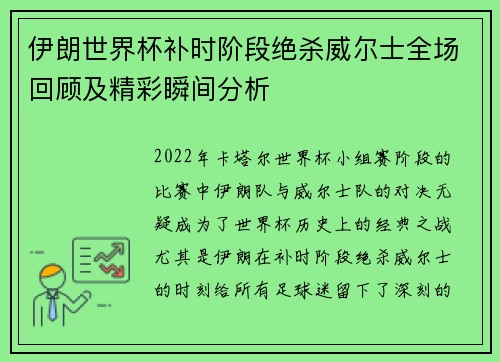 伊朗世界杯补时阶段绝杀威尔士全场回顾及精彩瞬间分析